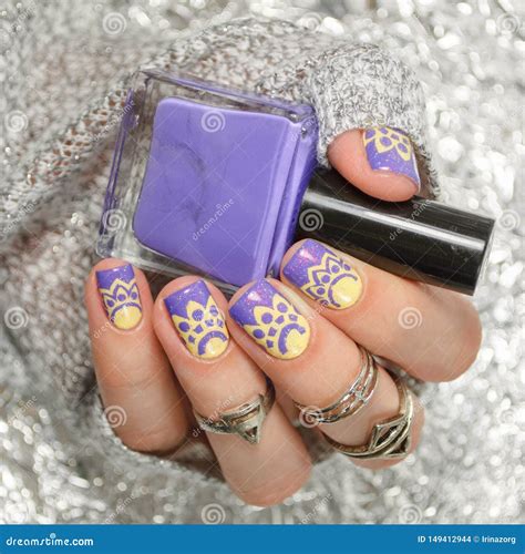 Yellow and Purple Nail Art on Light Silver Background Stock Photo - Image of nail, beauty: 149412944