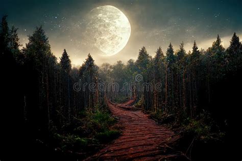 Hiking Trail in the Forest at Night with Full Moon. Generative AI Oil Painting Stock ...