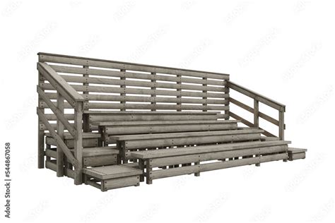 Corner perspective view of a wooden bleachers construction with seats ...