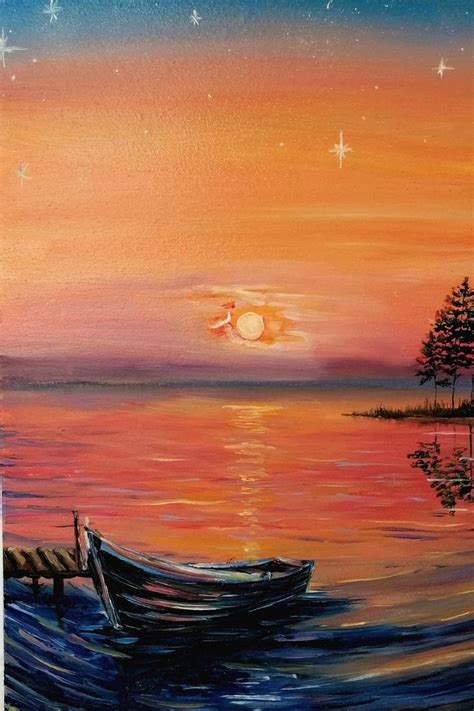 Fishing boat on the lake oil painting, Orange sunrise painting on board, FREE EXPRESS SHIPPING ...