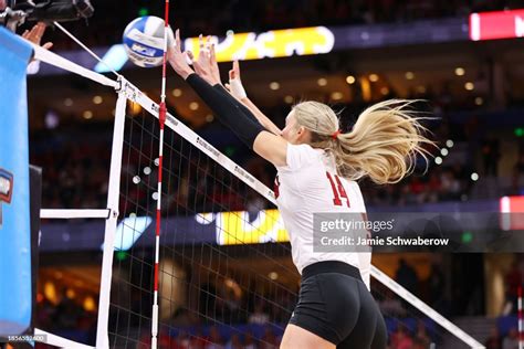 Ally Batenhorst and Bekka Allick of the Nebraska Cornhuskers block... News Photo - Getty Images