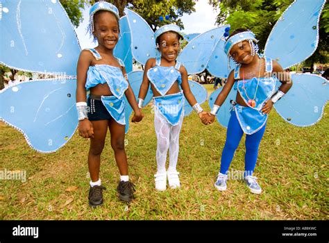 West Indies Trinidad Carnival Port of Spain Kids in colorful costumes Kiddies Carnival Parade ...