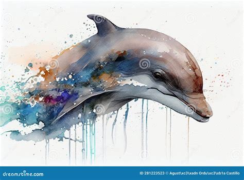 Image of a Watercolor Drawing of a Dolphin. Stock Illustration - Illustration of swim, wave ...