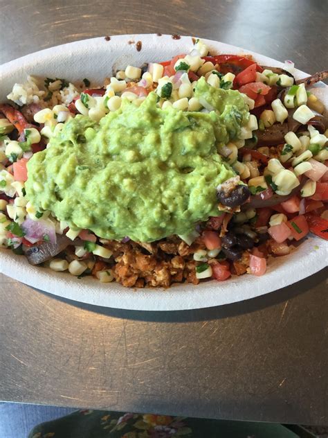 Vegan at: Chipotle Veggie bowl with tofu and guacamole. The tofu was so ...