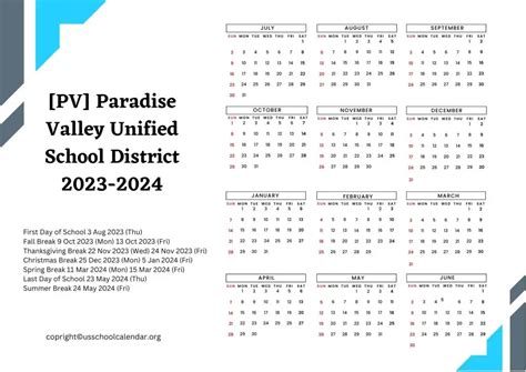 [PV] Paradise Valley Unified School District Calendar for 2023-2024