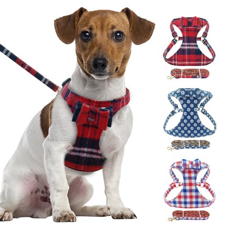 Small Dog Harness and Leash Set Plaid Puppy Harness Vest Bowknot Breathable Pet Harness for ...