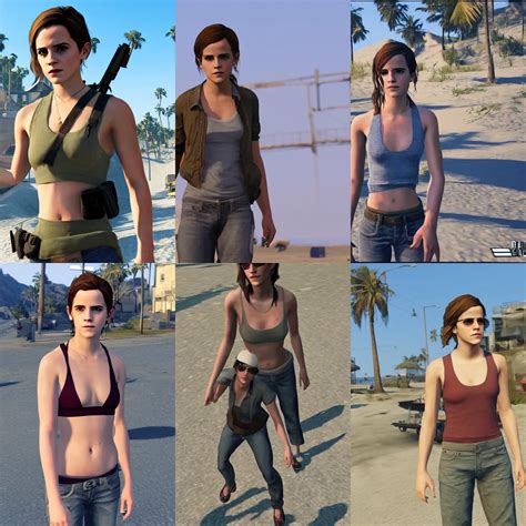 Emma Watson as a GTA V NPC in the beach, in game | Stable Diffusion