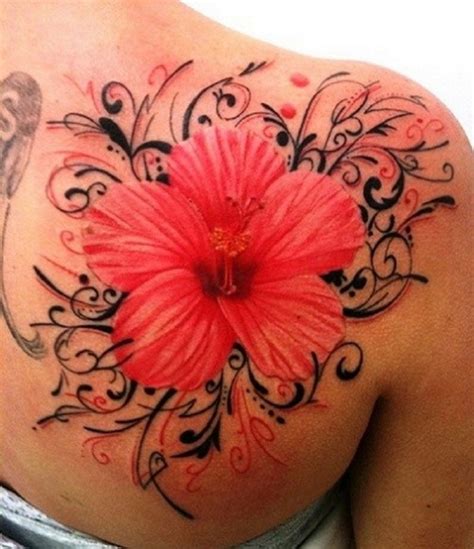 Nice red hibiscus flower tattoo on shoulder blade - Tattooimages.biz