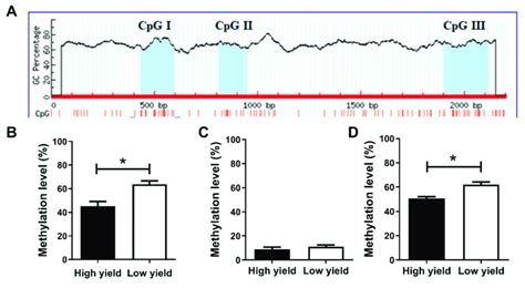 Methylation levels of three CpG islands in the high and low yield... | Download Scientific Diagram