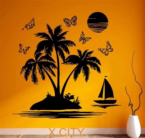 Aliexpress.com : Buy Tropical Scenery Palm Beach Island Black Wall Art Decal Sticker Removable ...