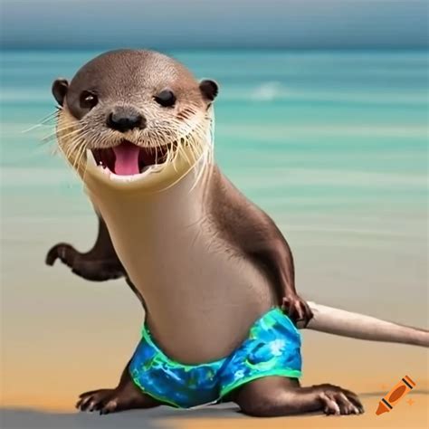 Happy otter wearing swimming trunks on the beach on Craiyon