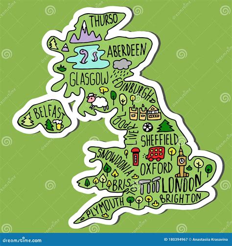 Colored Sticker Of Hand Drawn Doodle Great Britain Map. England City ...