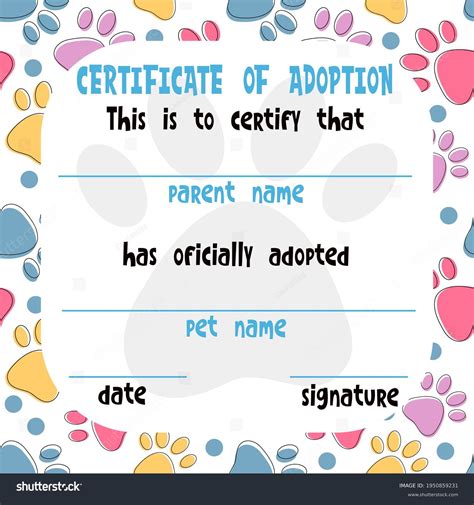 Pet Adoption Certificate Vector Template Design Stock Vector (Royalty ...