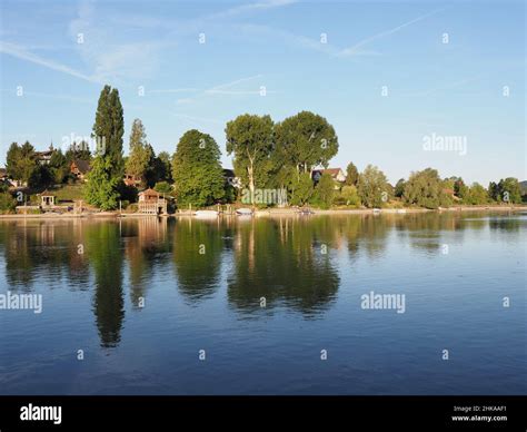 Scenic Rhine River in european STEIN AM RHEIN town in SWITZERLAND ...