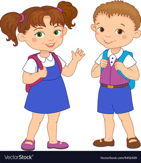 Boy and girl with backpacks pupil stay cartoon Vector Image