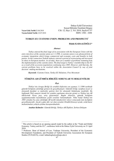 (PDF) Turkey-EU Customs Union: Problems and Prospects