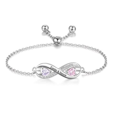 Engraved name infinity bracelet with 2 birthstones