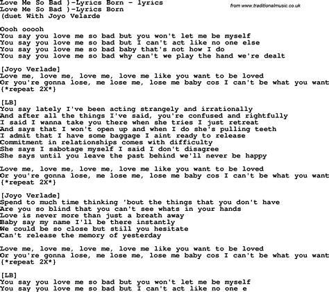 Love Song Lyrics for:Love Me So Bad )-Lyrics Born