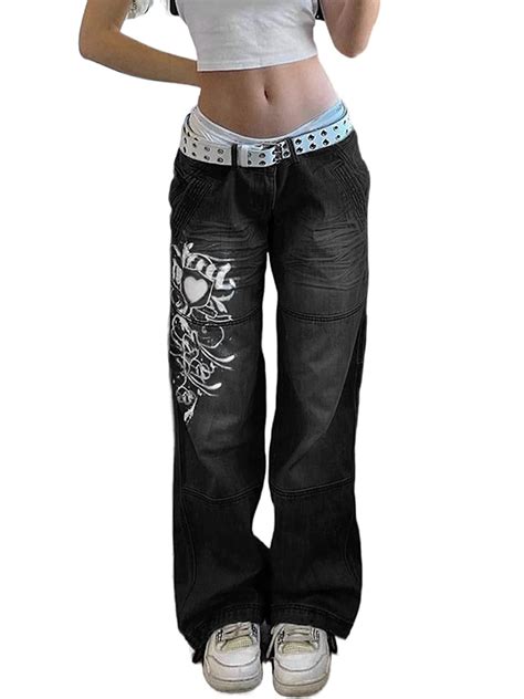 Women Y2K Baggy Jeans High Waist Wide Straight Leg Distressed Vintage Cargo Denim Pants ...