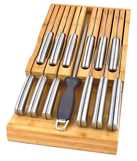 In-drawer Bamboo Knife Block Drawer Organizer Holder Fit For 12 Knives And One Sharpening Steel ...