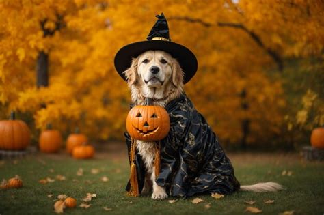 Premium AI Image | funny golden retriever dog posing for halloween in a costume