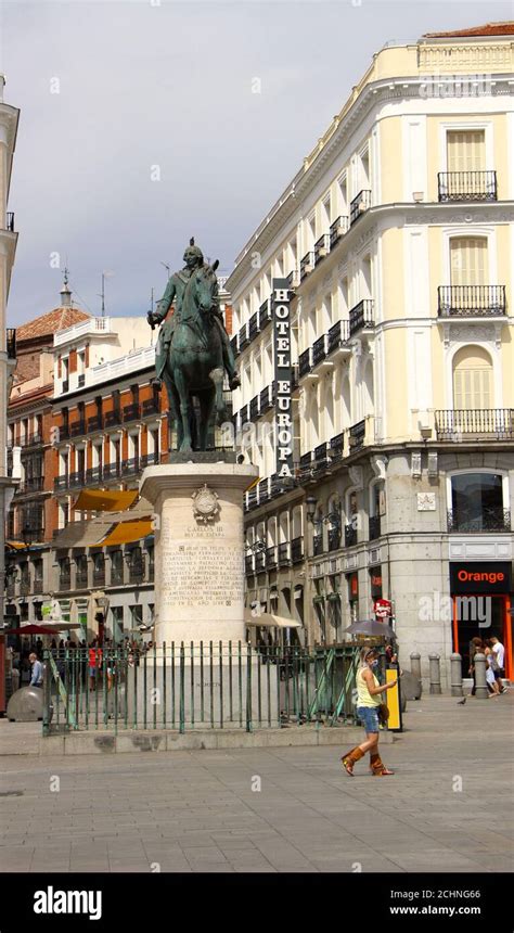 Bronze statue of Carlos III King of Spain on horseback on a high plinth ...