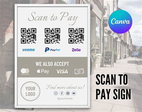 Small Business Payment Sign Template Scan to Pay, QR Code, Venmo Pay Sign, Zelle, Paypal Popup ...