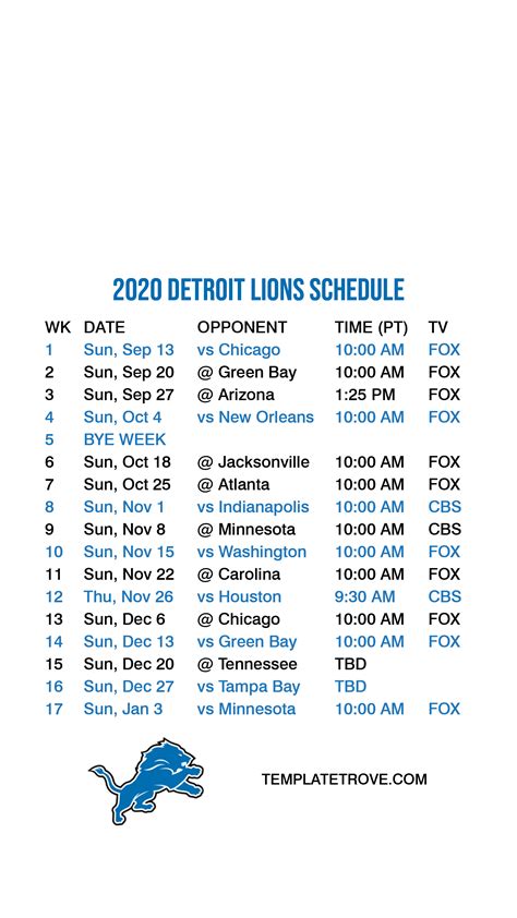 Detroit Lions 2021 Schedule Printable - Printable Schedule