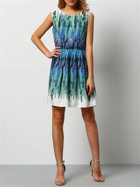 White Green Sleeveless Feather Print DressFor Women-romwe