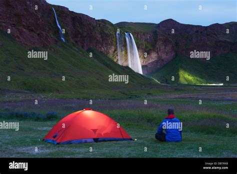 Seljalandsfoss waterfall lit up at night, Southern Region, Iceland, Polar Regions Stock Photo ...