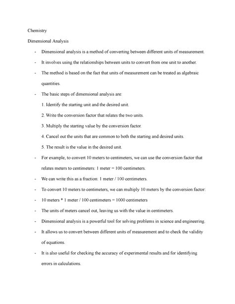 Chemistry-Dimensional Analysis - It involves using the relationships between units to convert ...