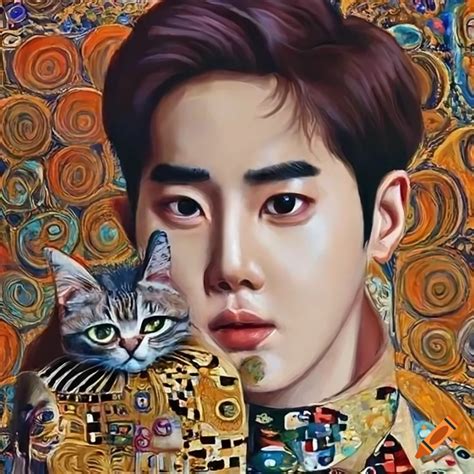 Suho from exo holding a cat in gustav klimt style