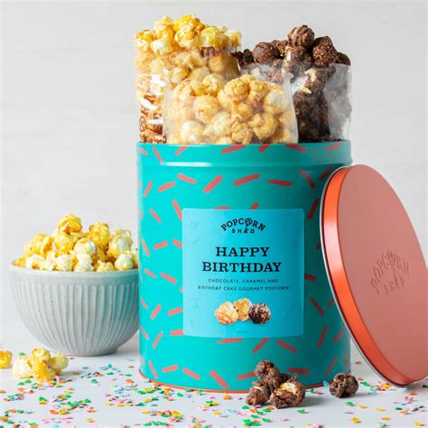 Happy Birthday Gourmet Popcorn Gift Tin Three Popcorn Flavours Foodie ...