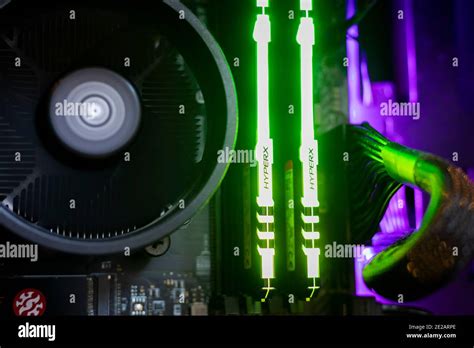 Internal section a PC memory showing 2 RGB RAM sticks Stock Photo - Alamy