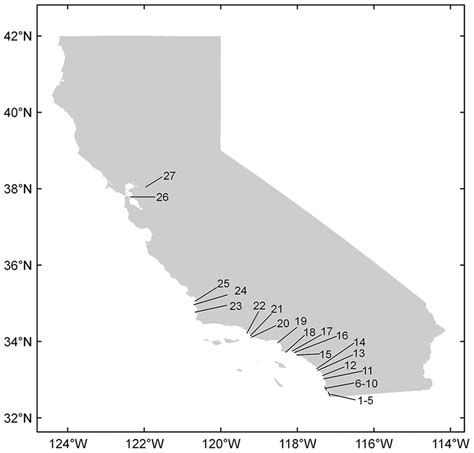 California least tern breeding sites used in this study. Site numbers ...