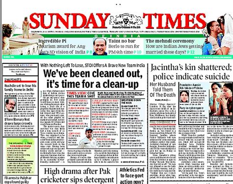 The Sunday Times of India 's front-page headline calling for a shake-up ...