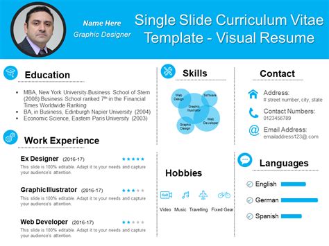 a blue and white resume template with an image of a man's face on it