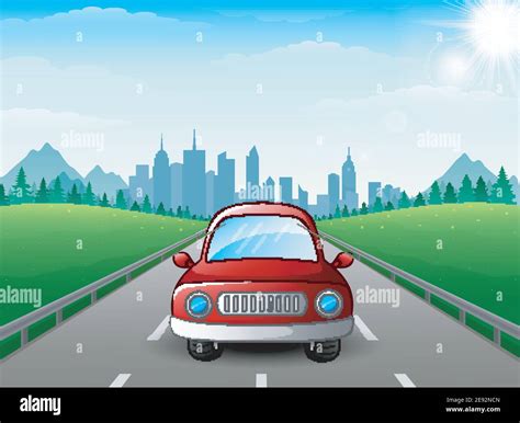 Vector illustration of Red car cartoon on city background Stock Vector ...