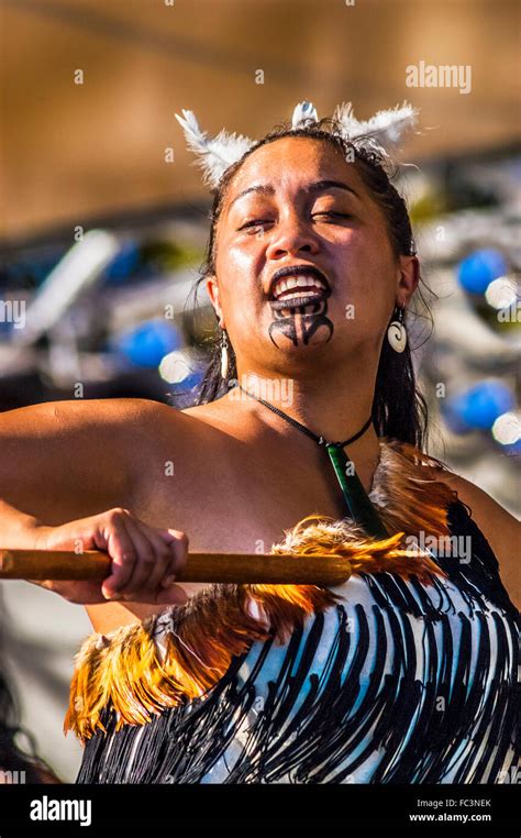 Maori woman performing the haka (war dance) at Melbourne Festival ...