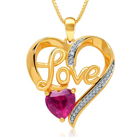 Gold over Brass Lab Created Ruby and Diamond Love Heart Pendant