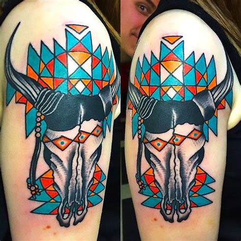 Colorful Geometric Bull Skull Tattoo Idea