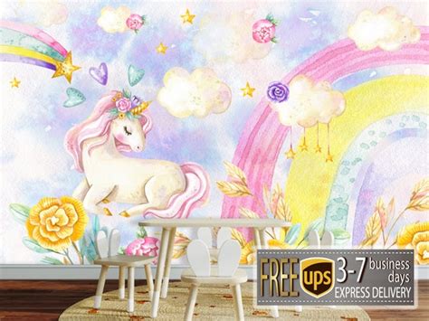 Watercolor Unicorn Wallpaper Peel & Stick Rainbow Clouds Stars - Etsy