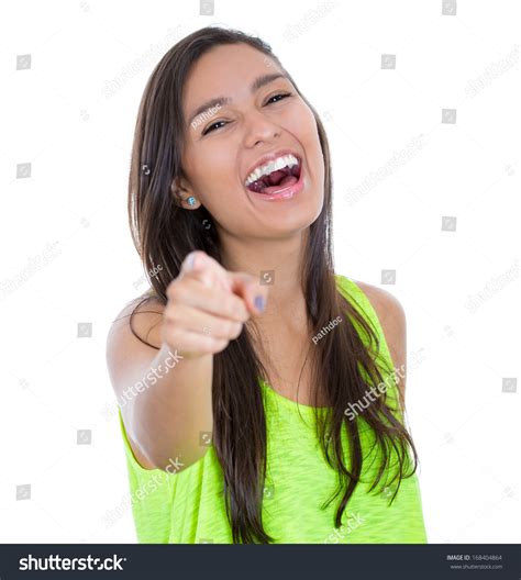 Closeup Portrait Of Young, Beautiful, Excited, Happy Woman Smiling, Laughing, Pointing Finger ...