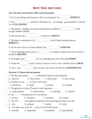 Word form exercises. Interactive worksheet | TopWorksheets