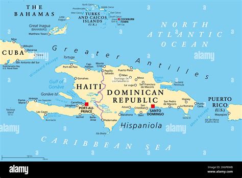 Hispaniola and surroundings, political map. Caribbean island, divided into Haiti and Dominican ...