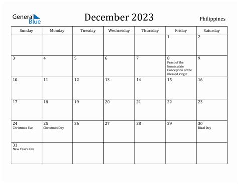 December 2023 Monthly Calendar with Philippines Holidays