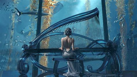 3840x2160px | free download | HD wallpaper: WLOP, piano, long hair, dress, ocean view ...