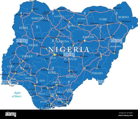 Highly detailed vector map of Nigeria with administrative regions, main cities and roads Stock ...