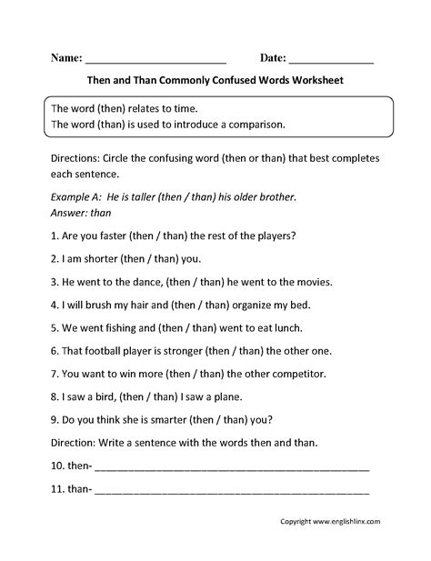 Then Versus Than Worksheet