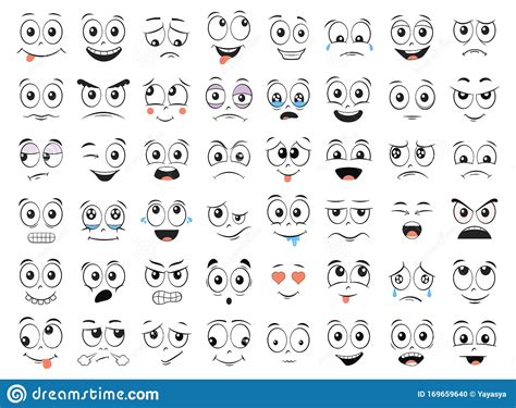 Cartoon Faces. Expressive Eyes And Mouth, Smiling, Crying And Surprised Character Face ...